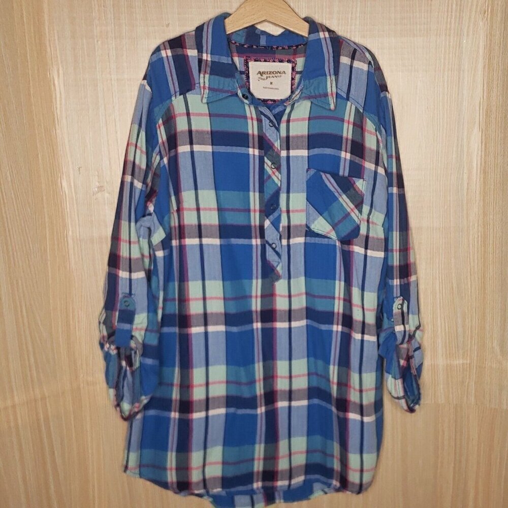 Arizona Girls Blue Plaid Flannel Tunic Medium